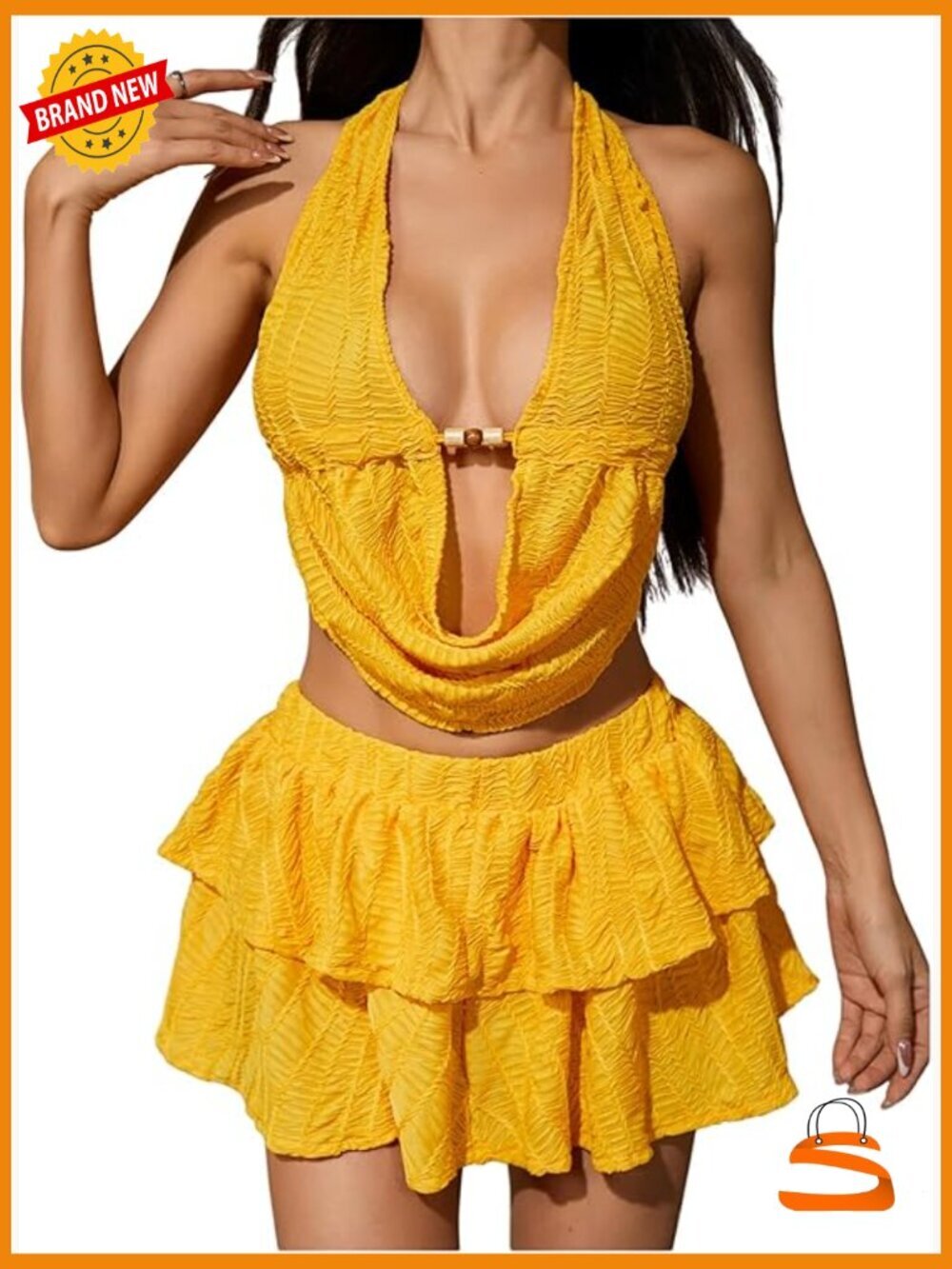 Y2K 2 Piece Outfit Halter Crop Top and Skirt Set Tie Back Ruffle Hem Matching